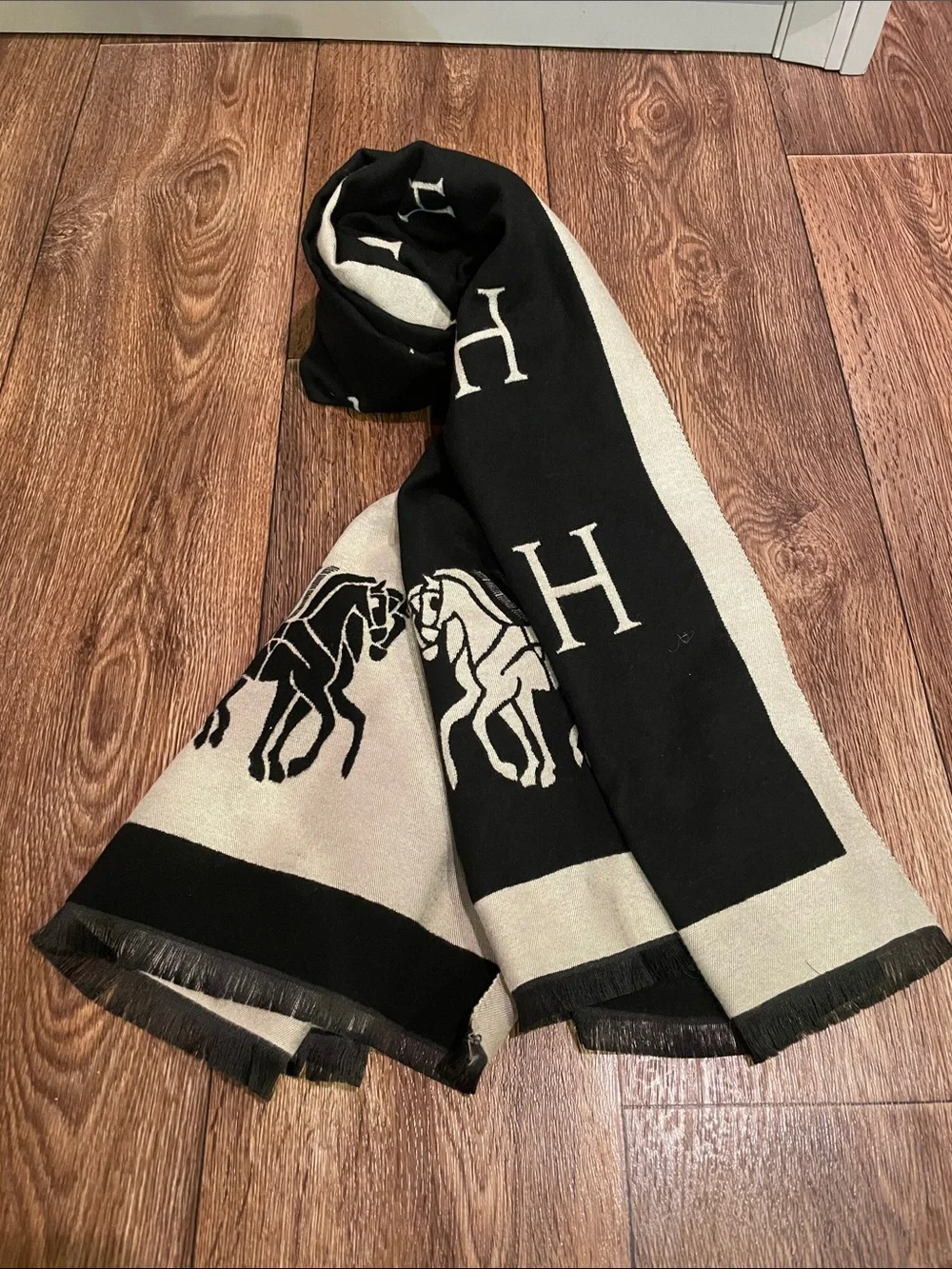 Luxury Black & Cream Soft Scarf with Horse and Carriages Motif